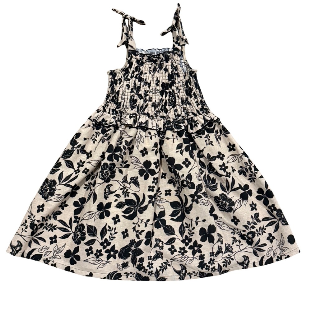 Kate Mack Girls Black Tan Linen Floral Smocked Tie Shoulder Sundress Size 7 NEW